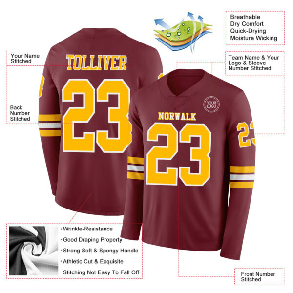 Custom Burgundy Gold-White Long Sleeve Authentic Football Jersey