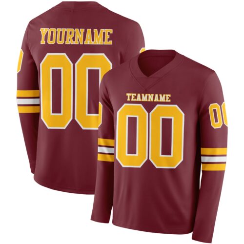 LongSleeve0908 Custom Burgundy Gold-White Long Sleeve Authentic Football Jersey