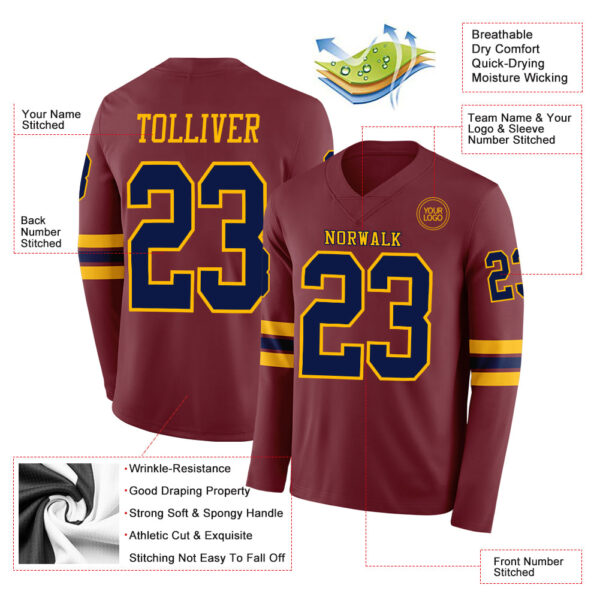 Custom Burgundy Navy-Gold Long Sleeve Authentic Football Jersey
