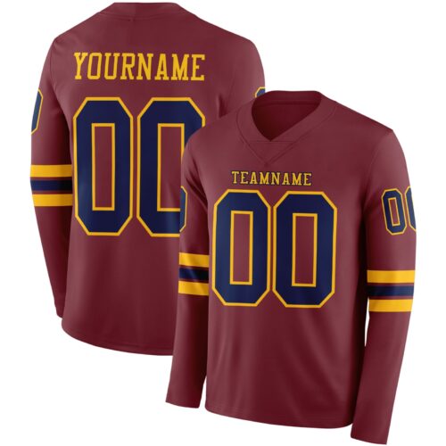 LongSleeve0911 Custom Burgundy Navy-Gold Long Sleeve Authentic Football Jersey