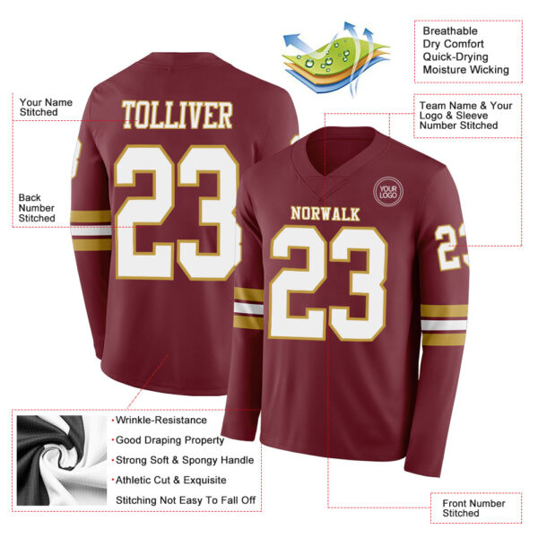 Custom Burgundy White-Old Gold Long Sleeve Authentic Football Jersey