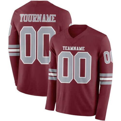 LongSleeve0914 Custom Burgundy Gray-White Long Sleeve Authentic Football Jersey