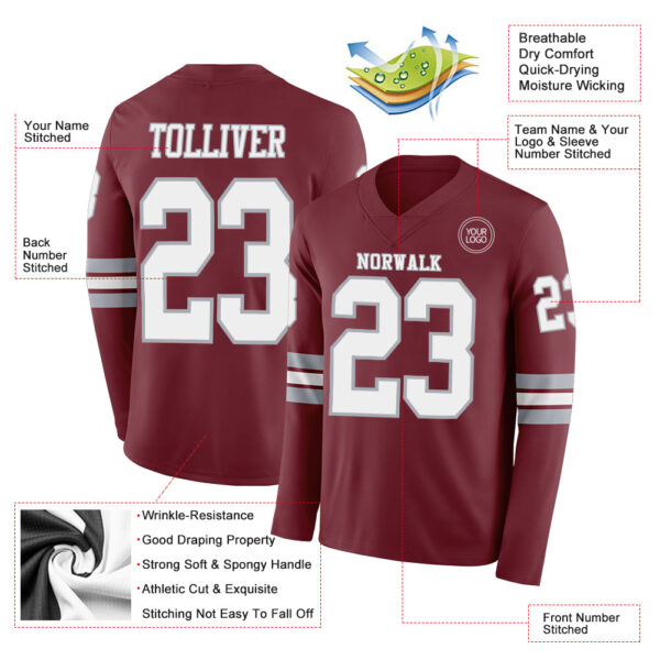 Custom Burgundy White-Gray Long Sleeve Authentic Football Jersey