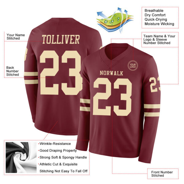 Custom Burgundy Cream Long Sleeve Authentic Football Jersey