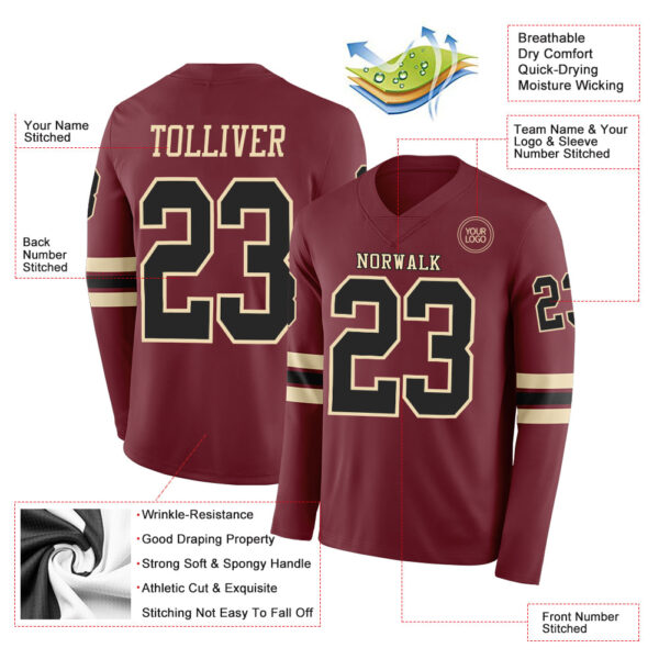 Custom Burgundy Black-Cream Long Sleeve Authentic Football Jersey