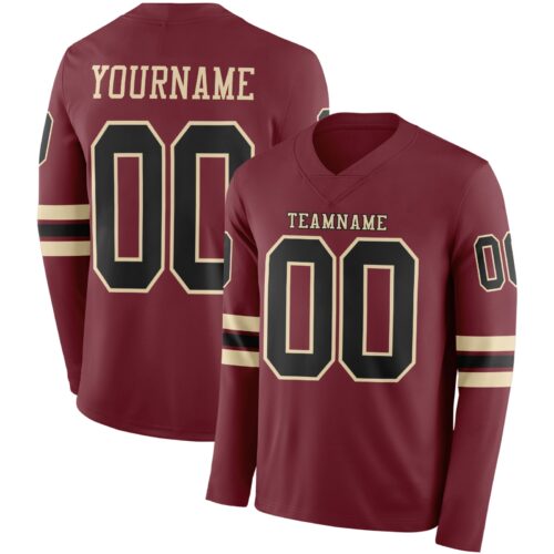 LongSleeve0917 Custom Burgundy Black-Cream Long Sleeve Authentic Football Jersey
