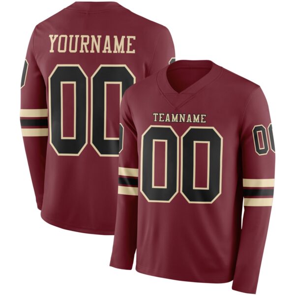 Custom Burgundy Black-Cream Long Sleeve Authentic Football Jersey