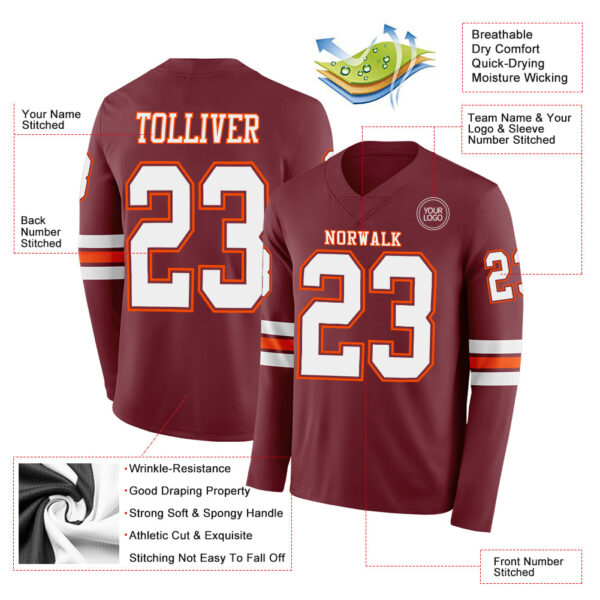 Custom Burgundy White-Orange Long Sleeve Authentic Football Jersey