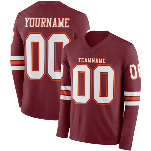 Custom Burgundy White-Orange Long Sleeve Authentic Football Jersey
