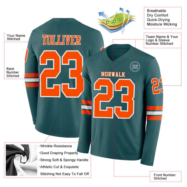 Custom Midnight Green Orange-White Long Sleeve Authentic Football Jersey