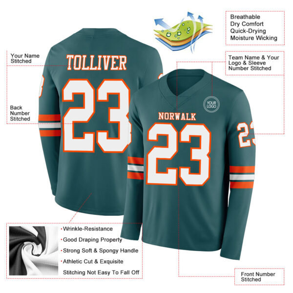 Custom Midnight Green White-Orange Long Sleeve Authentic Football Jersey