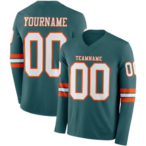 Custom Midnight Green White-Orange Long Sleeve Authentic Football Jersey