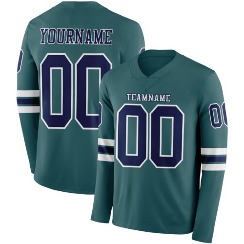 Custom Midnight Green Navy-White Long Sleeve Authentic Football Jersey