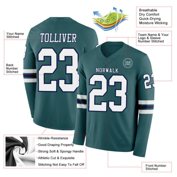 Custom Midnight Green White-Navy-White Long Sleeve Authentic Football Jersey
