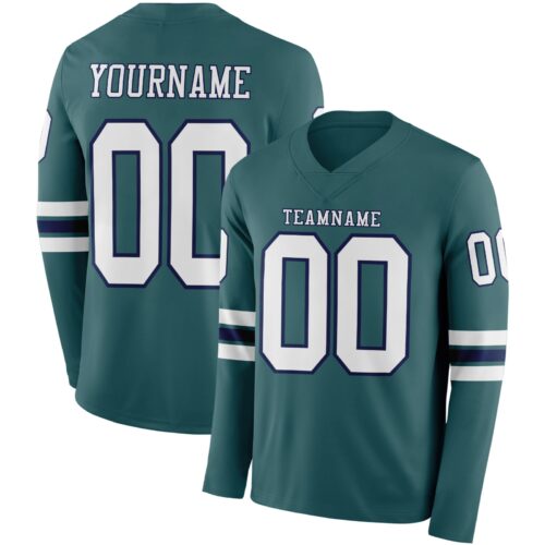 Custom Midnight Green White-Navy-White Long Sleeve Authentic Football Jersey