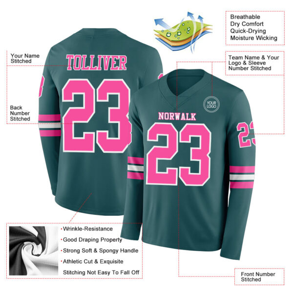 Custom Midnight Green Pink-White Long Sleeve Authentic Football Jersey
