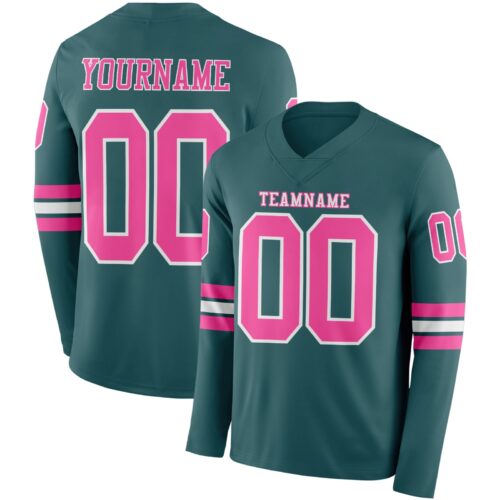 Custom Midnight Green Pink-White Long Sleeve Authentic Football Jersey