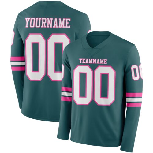 Custom Midnight Green White-Pink Long Sleeve Authentic Football Jersey