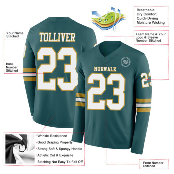 Custom Midnight Green White-Old Gold Long Sleeve Authentic Football Jersey