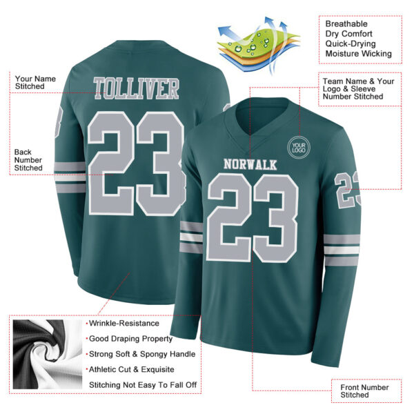 Custom Midnight Green Gray-White Long Sleeve Authentic Football Jersey