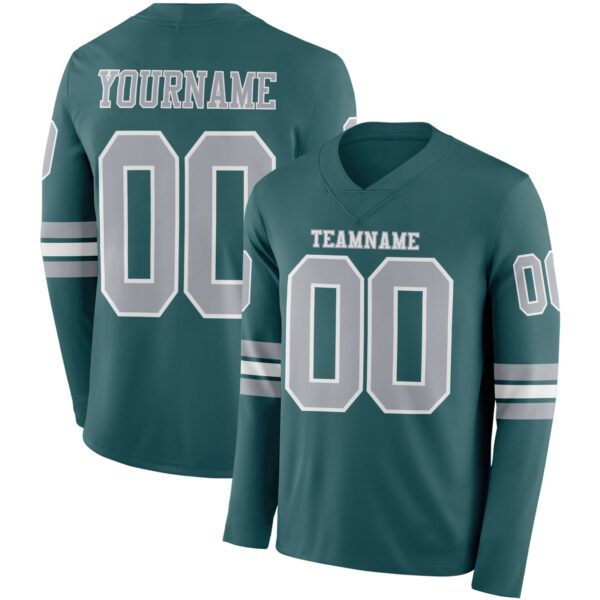 Custom Midnight Green Gray-White Long Sleeve Authentic Football Jersey