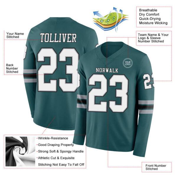 Custom Midnight Green White Gray-Black Long Sleeve Authentic Football Jersey