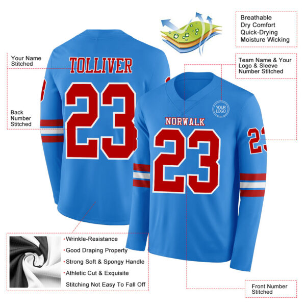 Custom Powder Blue Red-White Long Sleeve Authentic Football Jersey