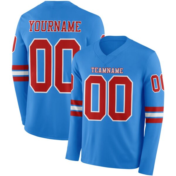 Custom Powder Blue Red-White Long Sleeve Authentic Football Jersey