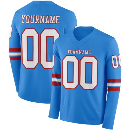 Custom Powder Blue White-Red Long Sleeve Authentic Football Jersey