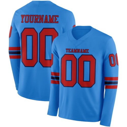 Custom Powder Blue Red-Navy Long Sleeve Authentic Football Jersey