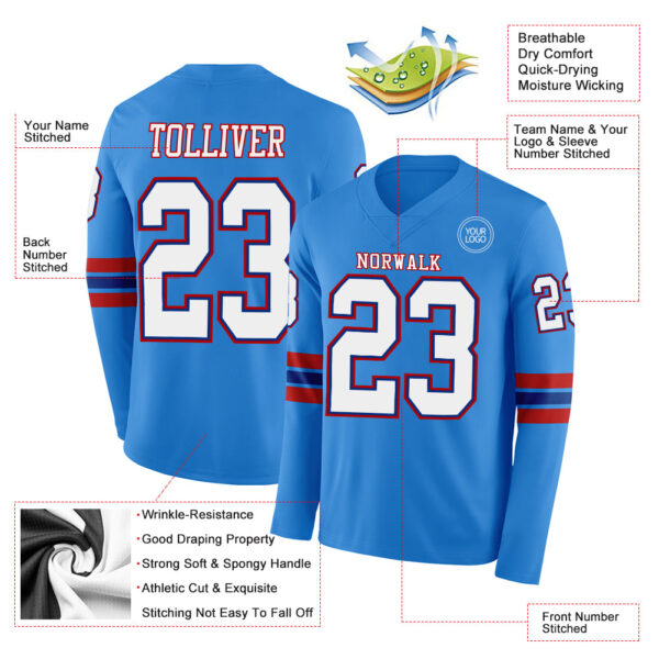 Custom Powder Blue White Royal-Red Long Sleeve Authentic Football Jersey