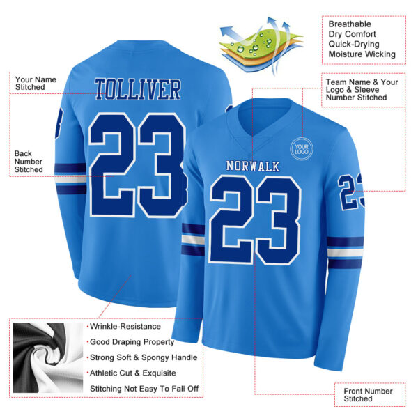 Custom Powder Blue Royal-White Long Sleeve Authentic Football Jersey