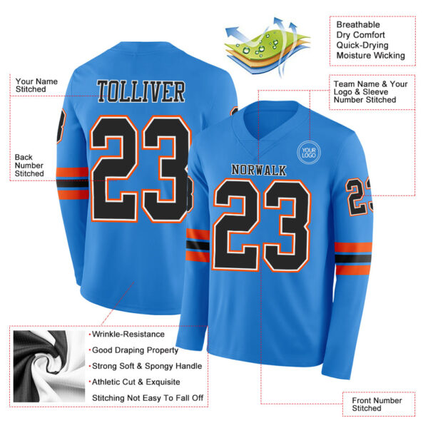 Custom Powder Blue Black White-Orange Long Sleeve Authentic Football Jersey