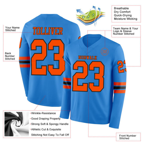Custom Powder Blue Orange-Black Long Sleeve Authentic Football Jersey