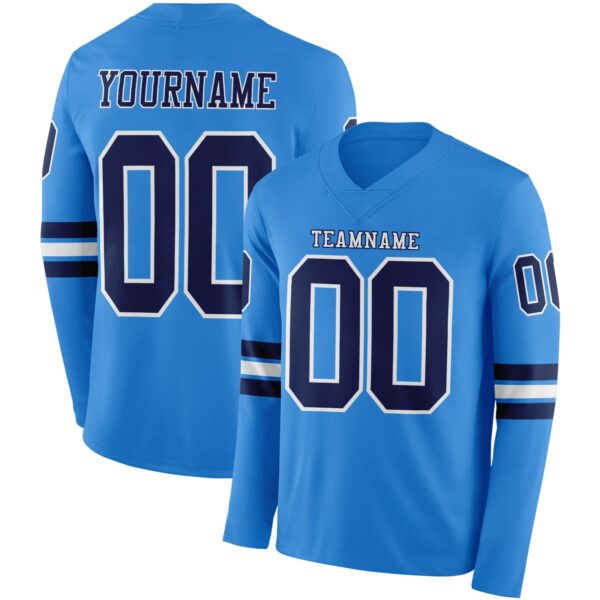 Custom Powder Blue Navy-White Long Sleeve Authentic Football Jersey