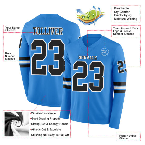 Custom Powder Blue Black-White Long Sleeve Authentic Football Jersey