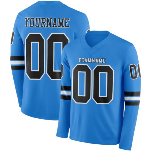 Custom Powder Blue Black-White Long Sleeve Authentic Football Jersey