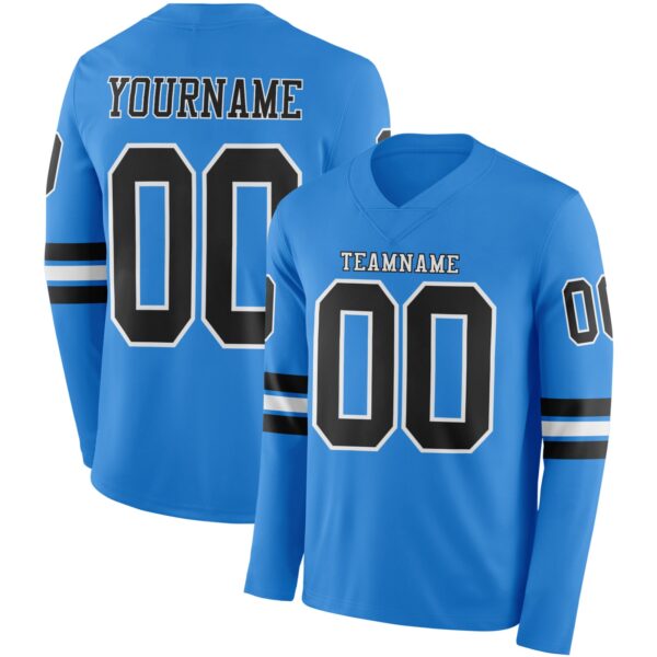 Custom Powder Blue Black-White Long Sleeve Authentic Football Jersey