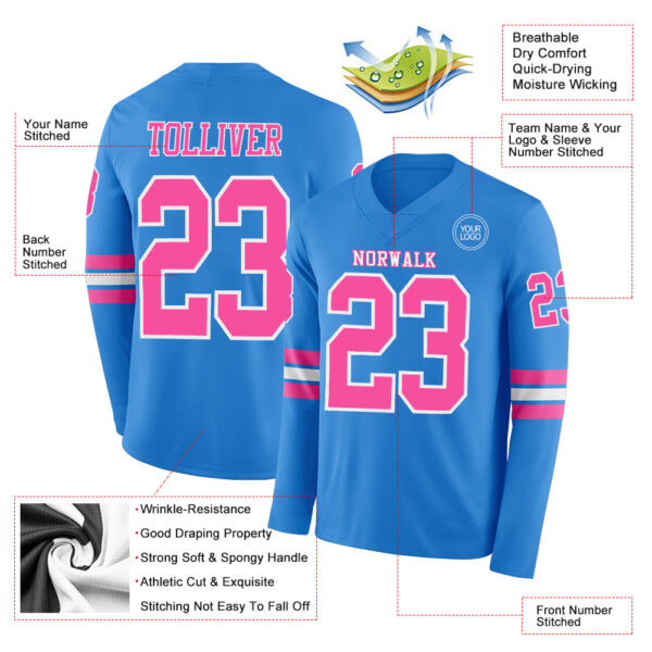 Custom Powder Blue Pink-White Long Sleeve Authentic Football Jersey