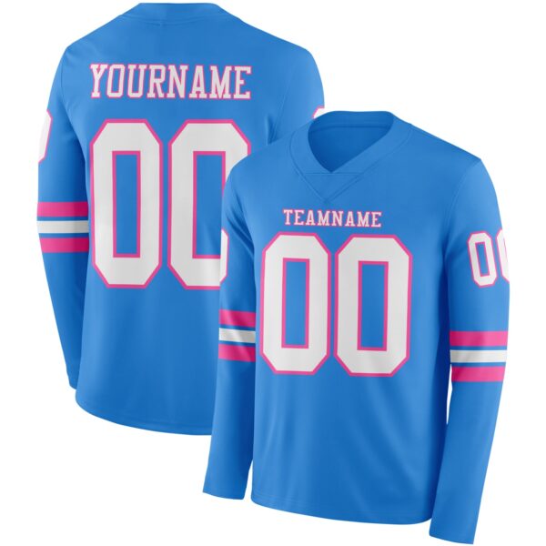Custom Powder Blue White-Pink Long Sleeve Authentic Football Jersey