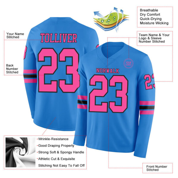 Custom Powder Blue Pink-Black Long Sleeve Authentic Football Jersey
