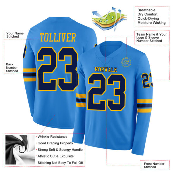 Custom Powder Blue Navy-Gold Long Sleeve Authentic Football Jersey