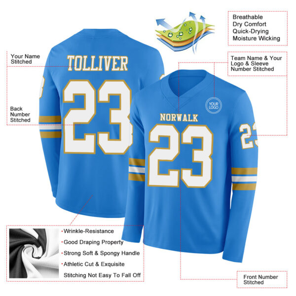 Custom Powder Blue White-Old Gold Long Sleeve Authentic Football Jersey