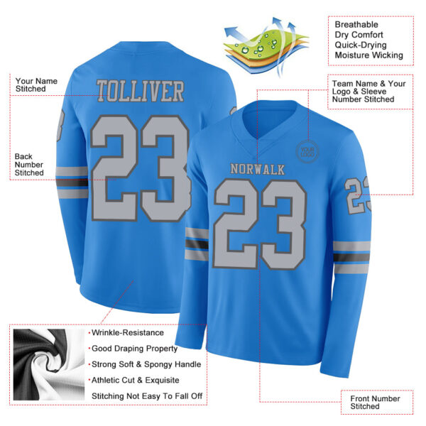 Custom Powder Blue Gray-Steel Gray Long Sleeve Authentic Football Jersey