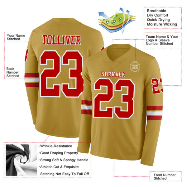 Custom Old Gold Red-White Long Sleeve Authentic Football Jersey