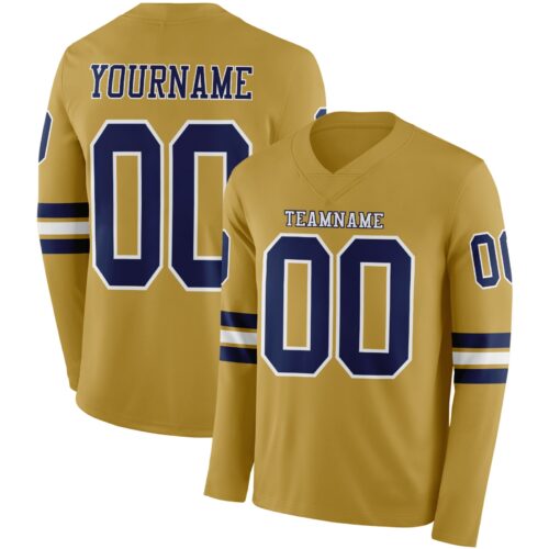 Custom Old Gold Navy-White Long Sleeve Authentic Football Jersey