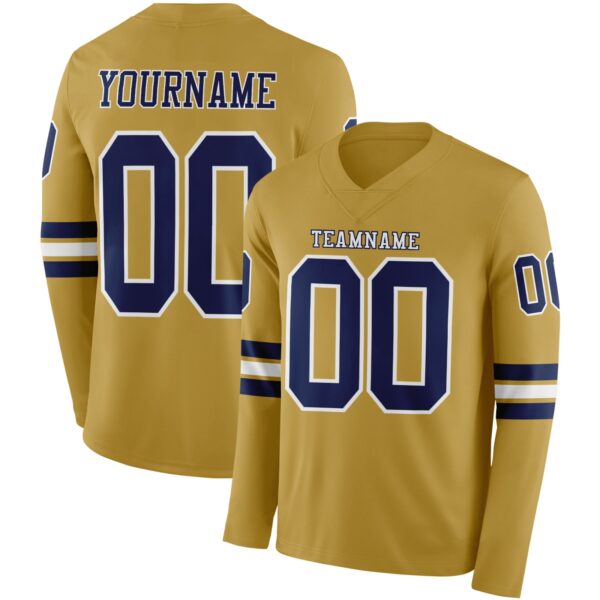 Custom Old Gold Navy-White Long Sleeve Authentic Football Jersey