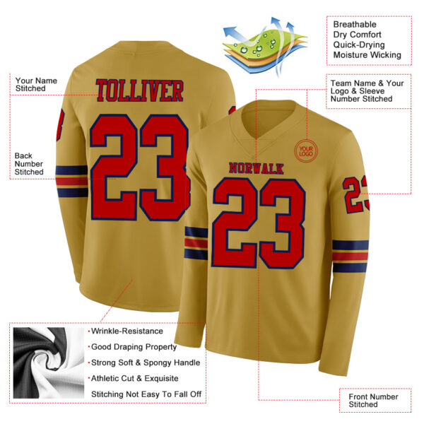 Custom Old Gold Red-Navy Long Sleeve Authentic Football Jersey