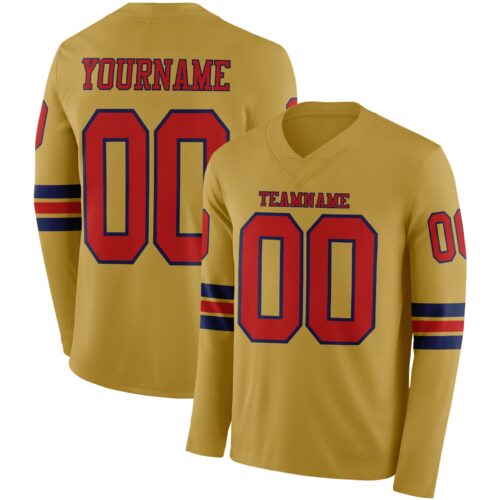 Custom Old Gold Red-Navy Long Sleeve Authentic Football Jersey
