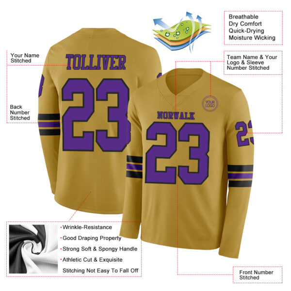 Custom Old Gold Purple-Black Long Sleeve Authentic Football Jersey
